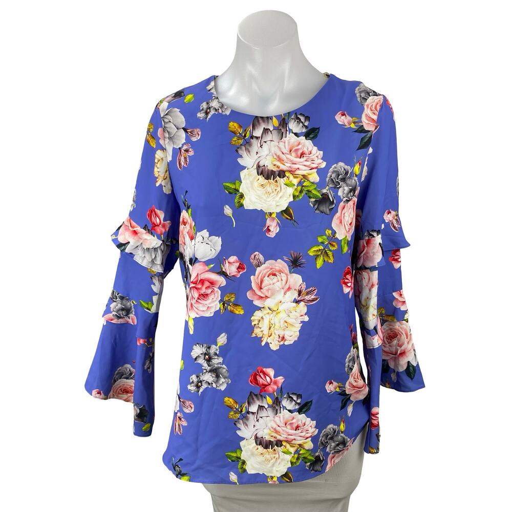 Modalinda Women's Blue Floral Long Tiered Bell Sleeve Shirt Blouse Top Size 8